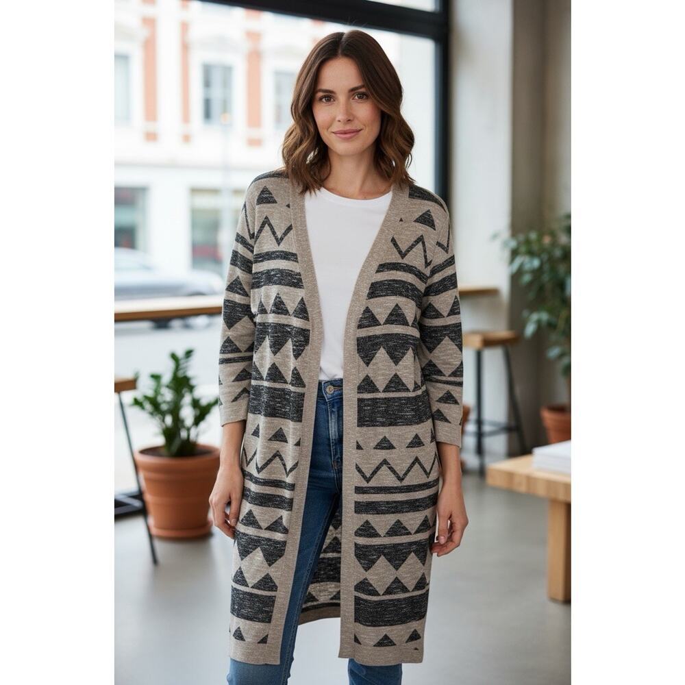 Cotton On Meduim Aztec Print Western Boho Button Up Longline Duster Cardigan